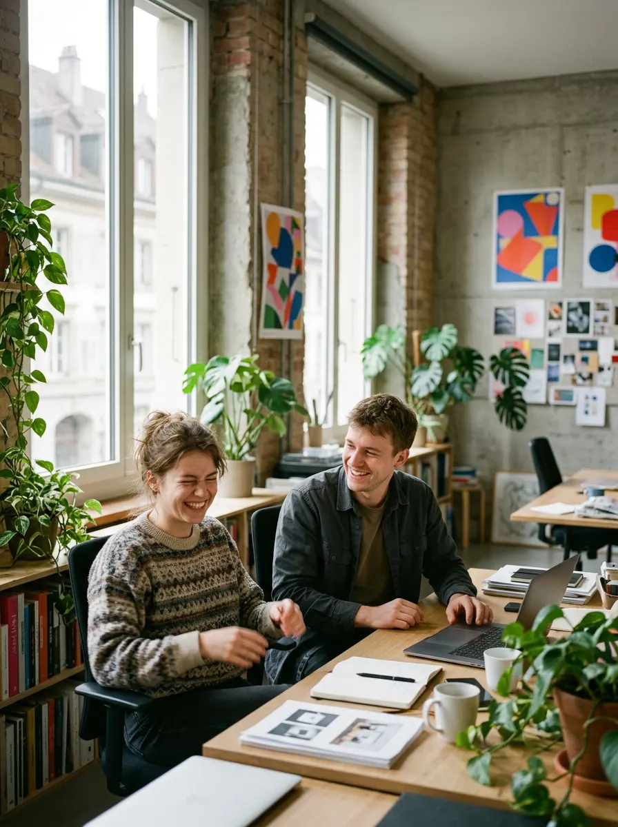 Image générée : deux collègues qui rient autour d'une table de travail, dans un atelier lumineux.