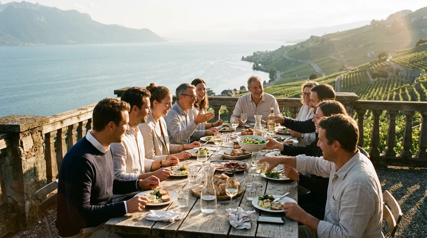 Image générée : une équipe réunie à table sur une terrasse, au-dessus d'un lac et de vignes, en fin de journée.