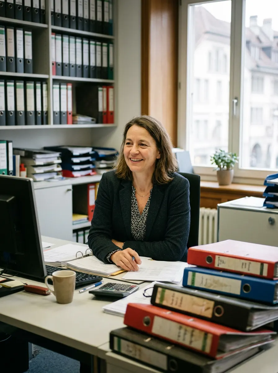 Image générée : une comptable souriante à son bureau, entourée de classeurs.